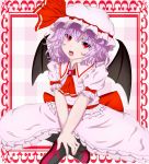  1girl ascot bat_wings brooch checkered checkered_background frame hat hat_ribbon head_tilt highres indian_style jewelry lavender_hair looking_at_viewer mary_janes misumo mob_cap open_mouth pantyhose red_eyes remilia_scarlet ribbon shoes short_hair sitting skirt skirt_set slit_pupils solo touhou wings 
