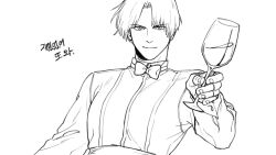  archived_source arm_up bow bowtie breasts collared_shirt cup dress_shirt efd fingerless_gloves gloves highres holding holding_cup king_(snk) korean_commentary korean_text liquid looking_at_viewer parted_bangs ryuuko_no_ken sash shirt short_hair smile translation_request 