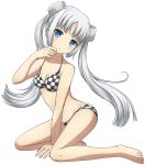  1girl bikini blue_eyes checkered checkered_bikini kk-sk-ray long_hair miss_monochrome miss_monochrome_(character) silver_hair sitting solo swimsuit twintails wariza 