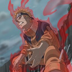  1boy artino_l blonde_hair clenched_teeth commentary facial_mark fangs fingernails forehead_protector hashtag-only_commentary highres jacket konohagakure_symbol long_sleeves male_focus naruto_(classic) naruto_(series) orange_jacket orange_pants pants red_aura red_eyes sharp_fingernails short_hair slit_pupils solo teeth twitter_username uzumaki_naruto whisker_markings 