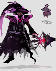  absurdres armor commentary_request dated floating glowing glowing_eyes grey_background hat highres mismagius personification pokemon pokemon_(creature) reference_inset shadow signature sitting sukepmonster yellow_eyes 