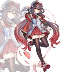  1girl arm_up black_nails black_thighhighs boo_tao_(genshin_impact) brown_hair chinese_clothes commentary_request eyewear_on_head flower-shaped_pupils genshin_impact ghost gradient_hair hair_between_eyes hat highres hu_tao_(cherries_snow-laden)_(genshin_impact) hu_tao_(genshin_impact) long_hair long_sleeves looking_at_viewer mitsu336 multicolored_hair official_alternate_costume red-tinted_eyewear red_eyes red_hair round_eyewear skirt smile sunglasses symbol-shaped_pupils thigh-highs tinted_eyewear twintails two-tone_hair v white_background white_hat zettai_ryouiki zoom_layer 