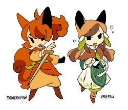  2girls animal_ears animification bandages black_eyes brown_capelet brown_hair capelet cat_ears cat_tail character_name chibi chibi_only chinese_commentary commentary_request freckles full_body green_robe hair_ornament highres holding holding_bandages holding_sword holding_weapon leaf_hair_ornament leafpool long_hair low_twintails multiple_girls name_connection object_namesake orange_hair orange_tunic personification ponytail rehtaef robe siblings simple_background sisters squirrel_tail squirrelstar sword tail the_new_prophecy tunic twintails warrior_cats weapon white_background 