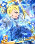  1girl arrow blonde_hair bow_(weapon) character_name detached_sleeves dress emily_stuart hairband idolmaster idolmaster_million_live! long_hair looking_at_viewer musical_note official_art signature smile twintails underwater violet_eyes weapon wink 