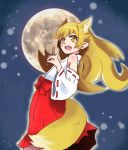  1girl animal_ears bakemonogatari bare_shoulders blonde_hair detached_sleeves fang fooring fox_ears japanese_clothes long_hair miko monogatari_(series) moon oshino_shinobu pointy_ears tail yellow_eyes 