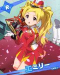  1girl blonde_hair blue_eyes blush boots character_name drum emily_stuart idolmaster idolmaster_million_live! instrument kneeling long_hair looking_at_viewer official_art petals shoes_removed star twintails uniform 