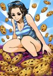  1girl age_regression black_hair breasts cleavage cookie cookie_clicker food glasses grandma_(cookie_clicker) highres inuyou shirt solo striped striped_shirt young 