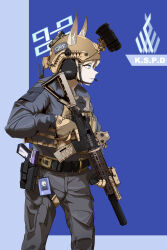 1girl absurdres ammunition_pouch animal_ear_fluff animal_ears assault_rifle belt blonde_hair blue_archive blue_halo blue_suit bulletproof_vest combat_helmet commentary_request eotech fox_ears fox_girl furrowed_brow gloves gun h&amp;k_hk416 h&amp;k_usp halo handgun handle headphones helmet highres holding holding_gun holding_weapon holster id_card kanna_(blue_archive) korean_commentary laser_sight looking_around microphone military military_combat_uniform military_uniform night_vision_device odi original pouch rifle suit suppressor tactical_clothes trigger_discipline weapon yellow_gloves 