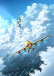  absurdres aircraft airplane blue_sky building clouds cloudy_sky commentary_request concept_art day highres light_rays murakoyafactory no_humans original outdoors propeller scenery sky sunbeam sunlight tower 