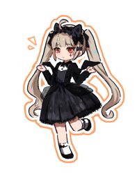  1girl ahoge animal_ear_hairband animal_ears ankle_socks bat_wings black_bow black_dress black_hairband black_shoes black_wings blonde_hair blunt_bangs bow bow_legwear buttons cat_ear_hairband cat_ears cherilynorz chinese_commentary classic_lolita closed_mouth collared_dress commentary_request cross_tattoo deformed dress eyelashes facial_tattoo fake_animal_ears flats frilled_hairband frills frown full_body grey_dress hair_bow hairband hands_up lace-trimmed_dress lace-trimmed_sleeves lace_trim layered_dress leg_up light_blush lolita_fashion lolita_hairband long_hair long_sleeves looking_at_viewer multiple_hair_bows notice_lines original outline pleated_dress print_dress red_eyes shoes shy simple_background socks solo starry_sky_print tattoo twintails very_long_hair wavy_hair white_background white_outline white_socks wings 