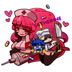  1girl 73_(naa) @_@ apron arm_under_breasts bare_shoulders black_thighhighs blue_hair blue_skin blunt_bangs breasts candle catherine_(gregory_horror_show) character_name chef chef_hat cleaver coke-bottle_glasses colored_skin commentary_request cross dr._fritz_(gregory_horror_show) flat_top_chef_hat full_body garter_belt glasses gregory_horror_show hand_on_own_cheek hand_on_own_face hat heart_on_cheek hell's_chef_(gregory_horror_show) high_heels humanization kitchen_knife knife large_syringe lizard_tail long_hair looking_at_viewer marking_on_cheek needle nurse nurse_cap oversized_object personification pill red_apron red_cross red_cross_armband red_eyes red_shoes reptile_girl round_eyewear screw shaded_face shoes smile solo_focus syringe tail thigh-highs very_long_hair wax white_background 