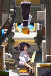  2girls black_skirt black_vest blonde_hair brown_hair cable clipboard commentary_request cover cover_page earth_(planet) feet_out_of_frame hair_ribbon highres holding holding_clipboard holding_pen industrial_pipe kajatony long_sleeves looking_up machinery multiple_girls pen petticoat planet pointing profile red_ribbon ribbon rumia shirt short_hair short_sleeves skirt space space_station touhou upside-down usami_renko vest white_shirt 