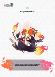  1other absurdres animal_ear_fluff animal_ears black_fur blawn_z broom broom_riding commentary delphox english_commentary english_text fire floating fox fox_ears furry highres mega_delphox mega_pokemon multicolored_fur official_style open_mouth poke_ball pokemon pokemon_(creature) pokemon_focus pokemon_legends:_z-a red_eyes red_fur smile snout white_fur yellow_fur 