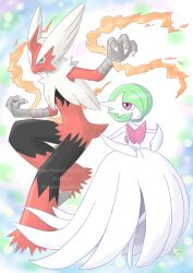  1boy 1girl animal_hands arm_up artist_name bare_shoulders beak bird_boy bird_tail black_fur blaziken blue_eyes bob_cut body_fur claws closed_mouth colored_sclera colored_skin commentary_request dated dress elbow_gloves fire flat_chest full_body furry furry_male gardevoir gloves green_hair hair_over_one_eye hand_up happy highres leg_up long_dress looking_afar looking_at_viewer mega_blaziken mega_gardevoir mega_pokemon multicolored_fur no_feet one_eye_covered partial_commentary pokemon pokemon_(creature) red_eyes red_fur short_hair short_tail signature smile standing standing_on_one_leg strapless strapless_dress tail tantan_(tan_room87) watermark white_dress white_fur white_gloves white_skin yellow_sclera 