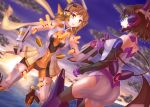  2girls brown_eyes cloudy_sky green_eyes interlocked_fingers kohinata_miku light_brown_eyes light_brown_hair multiple_girls ocean senki_zesshou_symphogear sooichi_(diabolicemission) tachibana_hibiki_(symphogear) tagme tears 