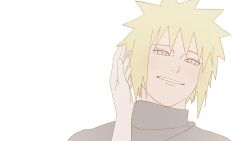  1boy absurdres blonde_hair blue_eyes highres namikaze_minato naruto_(series) naruto_shippuuden parted_lips pnpk_1013 pov short_hair simple_background smile solo_focus spiky_hair upper_body uzumaki_kushina white_background 