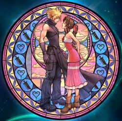  1boy 1girl aerith_gainsborough arms_behind_back artist_name bare_arms bare_shoulders black_boots black_cape black_gloves black_pants black_vest blonde_hair boots breasts brown_boots brown_hair buster_sword cape chest_strap closed_eyes closed_mouth cloud_strife clouds cloudy_sky commentary dress english_commentary final_fantasy final_fantasy_vii final_fantasy_vii:_advent_children full_body gloves hair_ribbon halter_dress halterneck highres hollypolllyy kingdom_hearts kingdom_hearts_ii leaning_forward lifestream light_smile long_dress long_hair medium_breasts official_alternate_costume pants parted_bangs pink_dress pink_ribbon pink_sky ribbon short_hair sidelocks single_bare_shoulder sky spiky_hair stained_glass vest waist_cape 
