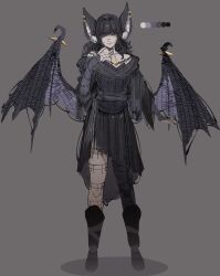  1girl absurdres animal_ear_fluff animal_ears bat_ears bat_girl bat_wings black_boots black_hair black_nails black_skirt boots bridal_gauntlets english_commentary gem grey_background highres light_smile original pale_skin shadow simple_background single_thighhigh sketch skirt solo thigh-highs tomatolover16 torn_clothes torn_skirt wide_sleeves wings yellow_eyes yellow_gem zullie_the_witch 