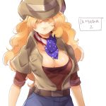  1girl blonde_hair breasts cleavage cowboy_hat hair_over_eyes hat jacket la_mulana large_breasts long_hair naso4 short_sleeves simple_background smile solo white_background 