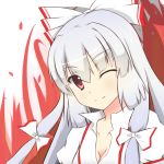  1girl bow breasts bust cleavage collarbone fujiwara_no_mokou haidi hair_bow head_tilt looking_at_viewer red_background red_eyes silver_hair smile solo touhou white_background wink 