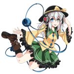  1girl blue_eyes boots frills hat hat_ribbon headphones heart heart-shaped_pupils komeiji_koishi ribbon solo symbol-shaped_pupils third_eye touhou white_hair wide_sleeves youka_(gensou_kyoudan) 