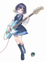  :o bass_guitar black_socks blue_ribbon blue_skirt blue_vest blush chibigurumi collared_shirt eighth_note fender_jazz_bass full_body gakuen_idolmaster hair_ornament hataya_misuzu hatsuboshi_gakuen_school_uniform highres idolmaster instrument kamin_(monemasu) kneehighs loafers long_sleeves looking_at_viewer mole mole_under_mouth music musical_note neck_ribbon playing_bass_guitar playing_instrument pleated_skirt purple_hair ribbon school_uniform shirt shoes short_hair simple_background skirt socks tassel tassel_hair_ornament tsukimura_temari vest violet_eyes white_background white_shirt 