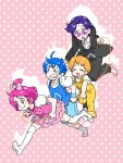  2boys 2girls :d blue_eyes blue_hair child chimu_(chimoon) clenched_teeth closed_eyes db_(dokidoki!_precure) dokidoki!_precure formal glasses humanization multiple_boys multiple_girls open_mouth orange_hair pant_suit pink_eyes pink_hair polka_dot polka_dot_background precure purple_hair rakeru_(dokidoki!_precure) rance_(dokidoki!_precure) running shadow sharuru_(dokidoki!_precure) short_hair smile suit tears violet_eyes 