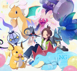  1girl ;d absurdres blue_shoes brown_hair chandelure commentary_request dated dragonite feraligatr floette floette_(eternal) glimmora green_jacket hair_bun harmony_(pokemon) highres jacket lucario mochiko_tsuru one_eye_closed open_clothes open_jacket open_mouth pants pokemon pokemon_(creature) pokemon_legends:_z-a raichu ribbed_socks shirt shoes sitting smile socks tinkaton watermark white_shirt white_socks 