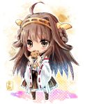  1girl blush brown_eyes brown_hair chibi cookie cookie_clicker eating food hair_ornament japanese_clothes kantai_collection kongou_(kantai_collection) long_hair long_sleeves miko shirt skirt solo tiara wide_sleeves 