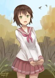  1girl brown_hair fangs green_eyes highres kanokoga kusakabe_misao lucky_star school_uniform serafuku short_hair 