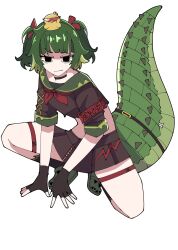  1girl animal_on_head armband bird bird_on_head black_choker black_eyes black_gloves black_shirt black_skirt black_socks choker commentary crocodile_girl crocodilian_tail crocs cropped_shirt cross-laced_clothes cross-laced_sleeves english_commentary fang fingerless_gloves gloves green_hair green_sailor_collar green_shoes hair_ribbon highres looking_at_viewer multicolored_hair neckerchief nitya_nil not_reyy on_head phase_connect red_armband red_neckerchief red_ribbon ribbon sailor_collar shirt shoes short_sleeves skin_fang skirt socks solo squatting tail tail_belt thigh_strap two-tone_hair two_side_up virtual_youtuber white_background 