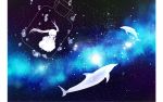  1girl artist_request bottle dolphin dress highres milky_way night night_sky original sitting sky smile solo star star_(sky) starry_background starry_sky tagme twintails white_hair 