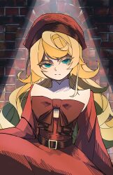  1girl belt beret blonde_hair blue_eyes bow brick_wall brown_belt brown_bow chest_bow child closed_mouth commentary_request cowboy_shot dress empty_eyes hat highres large_bow long_hair long_sleeves looking_ahead mandarin_collar red_dress red_hat sidelocks solo stage_lights standing tanya_degurechaff user_skzr7735 wavy_hair wide_sleeves youjo_senki 
