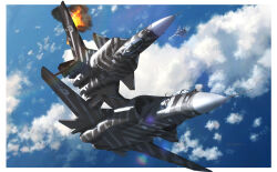  ace_combat ace_combat_7 aircraft airplane blue_sky border canards clouds commentary_request day elke_van_dalsen explosion f-15_eagle fighter_jet flying highres lens_flare military_vehicle otto_van_dalsen outside_border roundel sky su-47_berkut timmyyen vehicle_focus white_border 