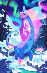  absurdres amaura aurora aurorus blue_eyes blue_skin bright_pupils closed_eyes colored_skin commentary evolutionary_line highres no_humans open_mouth outdoors pine_tree pokemon pokemon_(creature) snow symbol-only_commentary tail taplaos tree white_pupils 