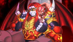  1boy armor breastplate chest_jewel colored_skin commentary demon demon_wings duel_monster english_commentary fabled_leviathan fiendsmith_requiem finger_claws gem grin highres long_hair mask masquerade_mask moltengates one-eyed parted_hair pauldrons purple_lips purple_skin red_armor red_eyes red_hair sharp_teeth shoulder_armor shoulder_spikes sitting_on_throne smile spiked_knuckles spikes teeth upper_body vambraces wings yu-gi-oh! 