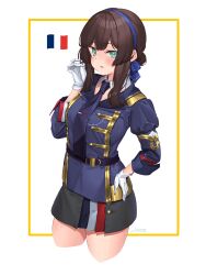  1girl absurdres black_skirt blue_hairband blue_ribbon blunt_sidelocks breasts brown_hair flag_print freckles french_flag french_flag_print gloves green_eyes hairband highres kantai_collection long_hair looking_at_viewer medium_breasts miniskirt mogador_(kancolle) mogador_kai_(kancolle) necktie purple_necktie ribbon sagoromo_04 sidelocks skirt solo white_gloves 