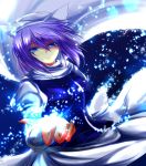  1girl blue_eyes glowing hat highres juliet_sleeves large_breasts letty_whiterock light_particles light_smile long_sleeves looking_at_viewer nekominase outstretched_arm outstretched_hand puffy_sleeves purple_hair scarf shirt smile solo touhou vest 