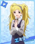  1girl blonde_hair blue_eyes character_name emily_stuart hairband hands_together idolmaster idolmaster_million_live! long_hair looking_at_viewer necktie official_art smile star twintails 