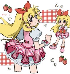  1girl :d aikatsu! aikatsu!_(series) blonde_hair bow commentary cropped_legs food fruit hair_bow hairband hashtag-only_commentary hoshimiya_ichigo idol idol_clothes long_hair looking_at_viewer looking_back moyu_y multiple_views pink_shoes pink_skirt pink_vest puffy_short_sleeves puffy_sleeves red_eyes red_hairband shoes short_sleeves skirt smile standing strawberry vest wrist_cuffs 