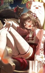  1girl :d absurdres asahi_(vjss4548) black_cat black_nails boo_tao_(genshin_impact) brown_hair cat couch flower-shaped_pupils genshin_impact highres hu_tao_(genshin_impact) looking_at_viewer on_couch red_eyes sitting smile solo symbol-shaped_pupils thigh-highs white_thighhighs 