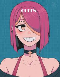  1girl bare_shoulders black_choker blue_background blush character_name choker collarbone commentary cross cross_choker dilan_griz ear_piercing earrings english_commentary eyebrow_piercing face_piercing hair_over_one_eye highres jewelry lip_piercing looking_at_viewer nose_piercing one_eye_covered orange_eyes original parted_bangs piercing portrait purple_hair queen_(dilan_griz) short_hair smile solo stud_earrings 
