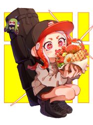  +_+ 1girl absurdres agent_3_(splatoon) agent_8_(splatoon) backpack bag baseball_cap black_bag black_hat black_shoes black_shorts character_doll commentary_request doll dolphin_shorts eating egg_(food) food grey_sweater hat highres holding holding_food long_hair octoling red_hair shoes shorts solo splatoon_(series) squatting suityunosakana sweater tentacle_hair thick_eyebrows wide-eyed 