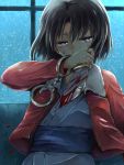  1girl blood bloody_knife blue_eyes brown_hair cuffs handcuffs jacket japanese_clothes kara_no_kyoukai kimono knife multicolored_eyes oosuzu_aoi pink_eyes red_jacket ryougi_shiki short_hair solo tears window 