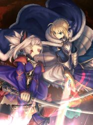  2girls ahoge armor armored_dress artoria_pendragon_(fate) asymmetrical_hair blonde_hair blue_cape blue_eyes blue_kimono blue_ribbon braid breastplate breasts bun_with_braided_base cape closed_mouth detached_sleeves dress dual_wielding duel earrings excalibur_(fate/stay_night) fate/grand_order fate_(series) fighting fighting_stance gauntlets gloves glowing glowing_sword glowing_weapon green_eyes hair_between_eyes hair_bun highres holding holding_sword holding_weapon japanese_clothes jewelry katana kimono leaf_earrings leaf_print long_hair long_sleeves looking_at_another maple_leaf_print medium_breasts miyamoto_musashi_(fate) miyamoto_musashi_(second_ascension)_(fate) multiple_girls open_mouth pink_hair ponytail revision ribbon saber_(fate) sash shoori_(migiha) short_hair short_kimono sleeveless sleeveless_kimono sword takeuchi_takashi_(style) weapon 