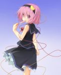  1girl akirame alternate_costume bare_arms from_behind gradient gradient_background headband heart komeiji_satori looking_at_viewer looking_over_shoulder pink_hair popsicle short_hair simple_background skirt skirt_set sleeveless sleeveless_shirt solo third_eye touhou 