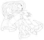  1girl :d absurdres armor boots character_request crossed_arms double_v gauntlets gloves highres lineart long_hair looking_at_viewer monochrome open_mouth pepeko sekaiju_no_meikyuu skirt smile solo thigh-highs v white_legwear 