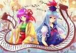  2girls blue_hair calligraphy_brush checkered checkered_background floral_background flower hair_flower hair_ornament hat hieda_no_akyuu kamishirasawa_keine multiple_girls paintbrush pink_eyes pink_hair scroll sheeg sleeves_past_wrists tokin_hat touhou yellow_eyes 