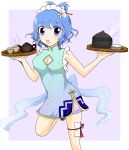  1girl :o alternate_costume bare_arms blue_eyes blue_hair breasts china_dress chinese_clothes cleavage cleavage_cutout cup den-69 flower grey_background hair_flower hair_ornament hair_rings hair_stick kaku_seiga leg_ribbon looking_at_viewer maid_headdress petticoat plate short_hair solo teapot touhou tray waitress 