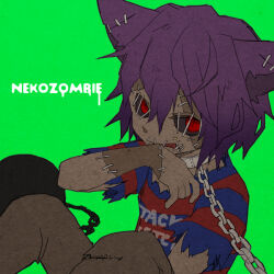  1boy 73_(naa) animal_ears ball_and_chain_restraint black_sclera brown_pants cat_boy cat_ears chain chained character_name clothes_writing collar colored_sclera colored_skin commentary_request green_background gregory_horror_show hair_between_eyes hand_up knees_up looking_at_viewer male_focus metal_collar multicolored_skin neko_zombie_(gregory_horror_show) pants patchwork_skin personification purple_hair red_eyes shirt short_hair sitting solo stitched_arm stitched_ear stitched_face stitched_mouth stitches striped_clothes striped_shirt tongue tongue_out torn_clothes torn_sleeves two-tone_skin zombie 